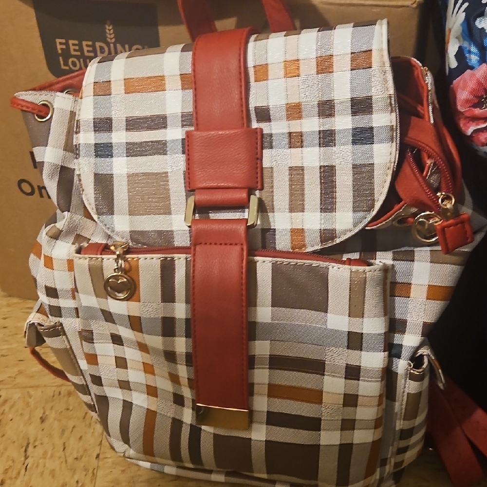 Plaid Backpack with Red Accents